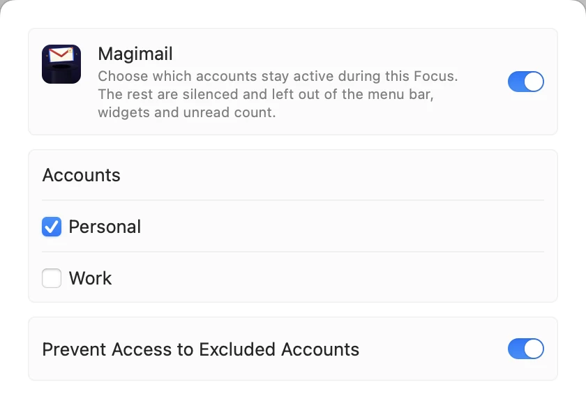 The macOS Focus settings for Magimail, with Personal ticked and Work left out