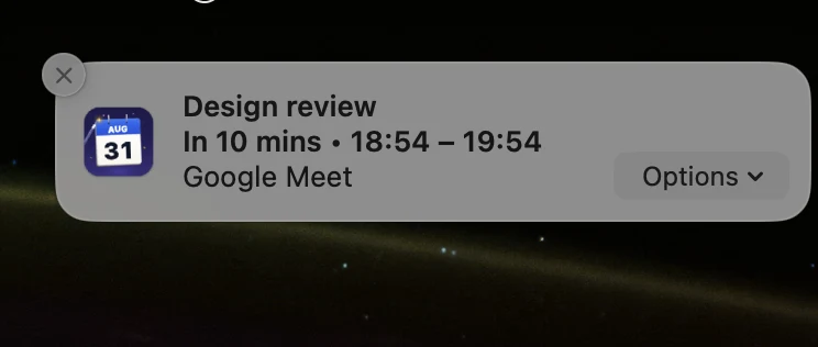 A Magical meeting reminder notification banner with direct conference join options