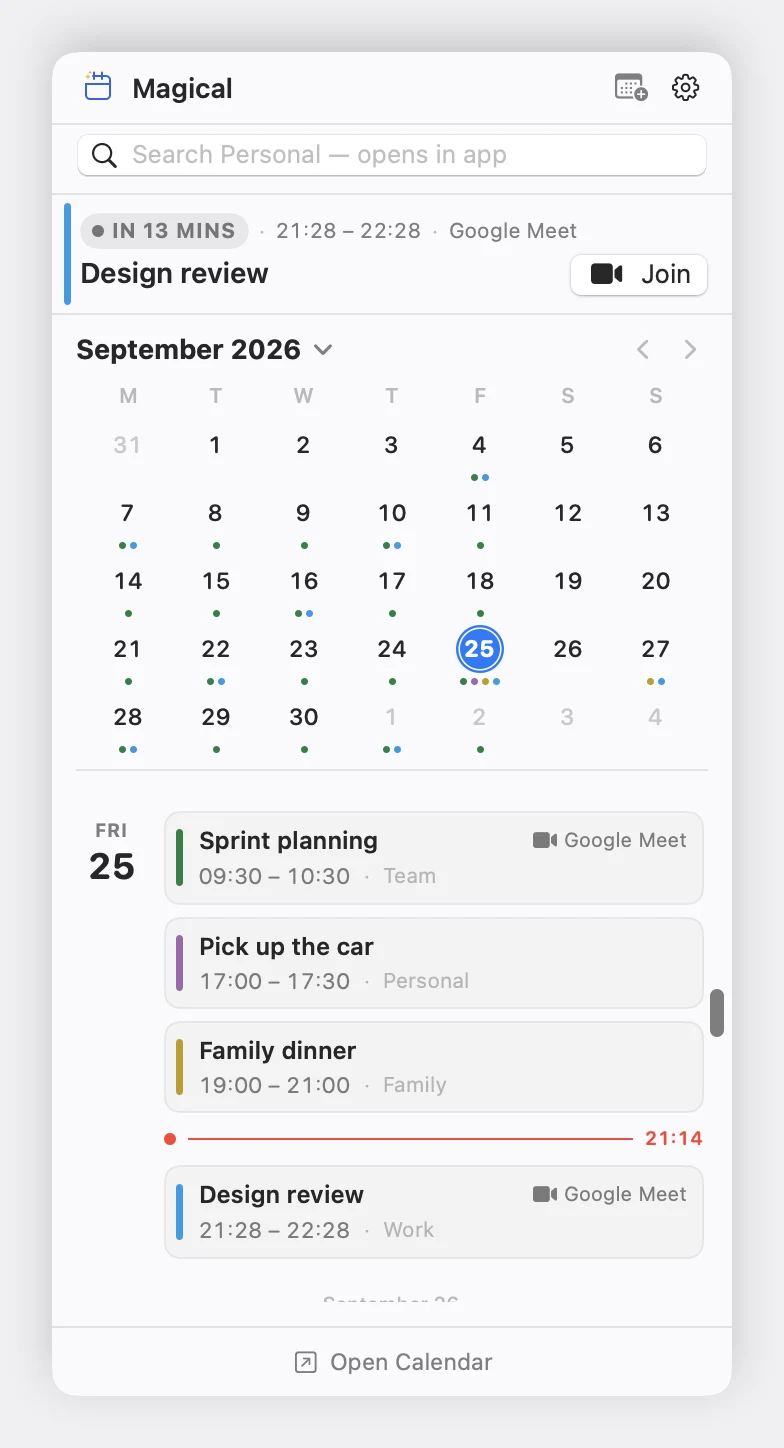 The Magical menu bar popover, showing a meeting under way, a month grid with a dot for each busy day, and the day's events either side of a red line marking the current time