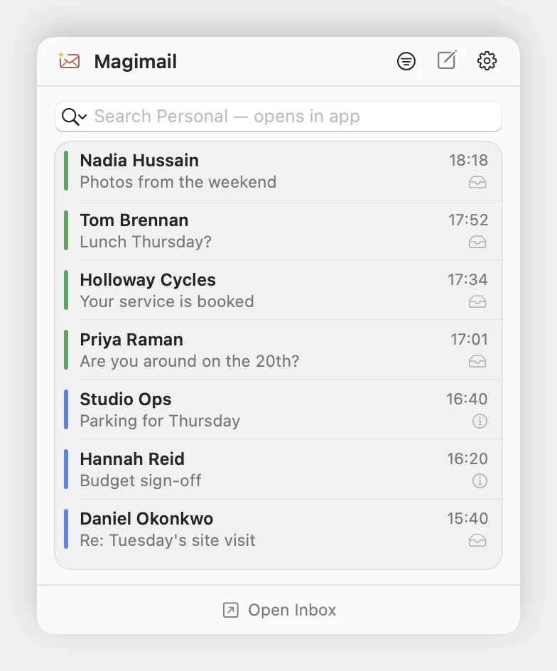 The Magimail panel in the menu bar, listing unread messages with tabs for all accounts, Personal and Work
