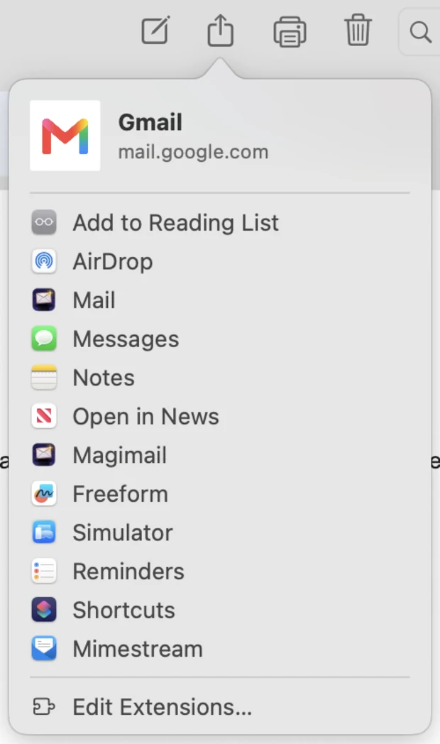 The macOS share menu with Magimail listed alongside Mail, Messages, Notes and Reminders