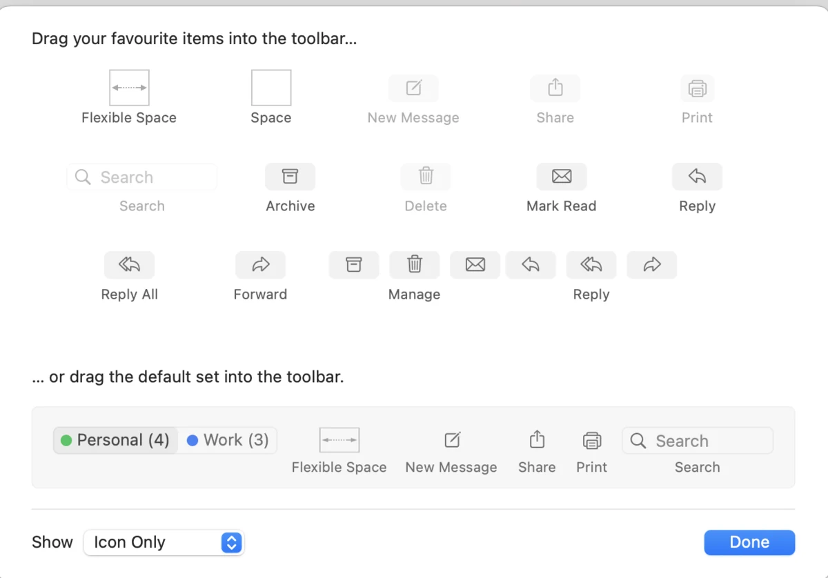 The Customise Toolbar sheet, with toolbar items laid out ready to drag into place