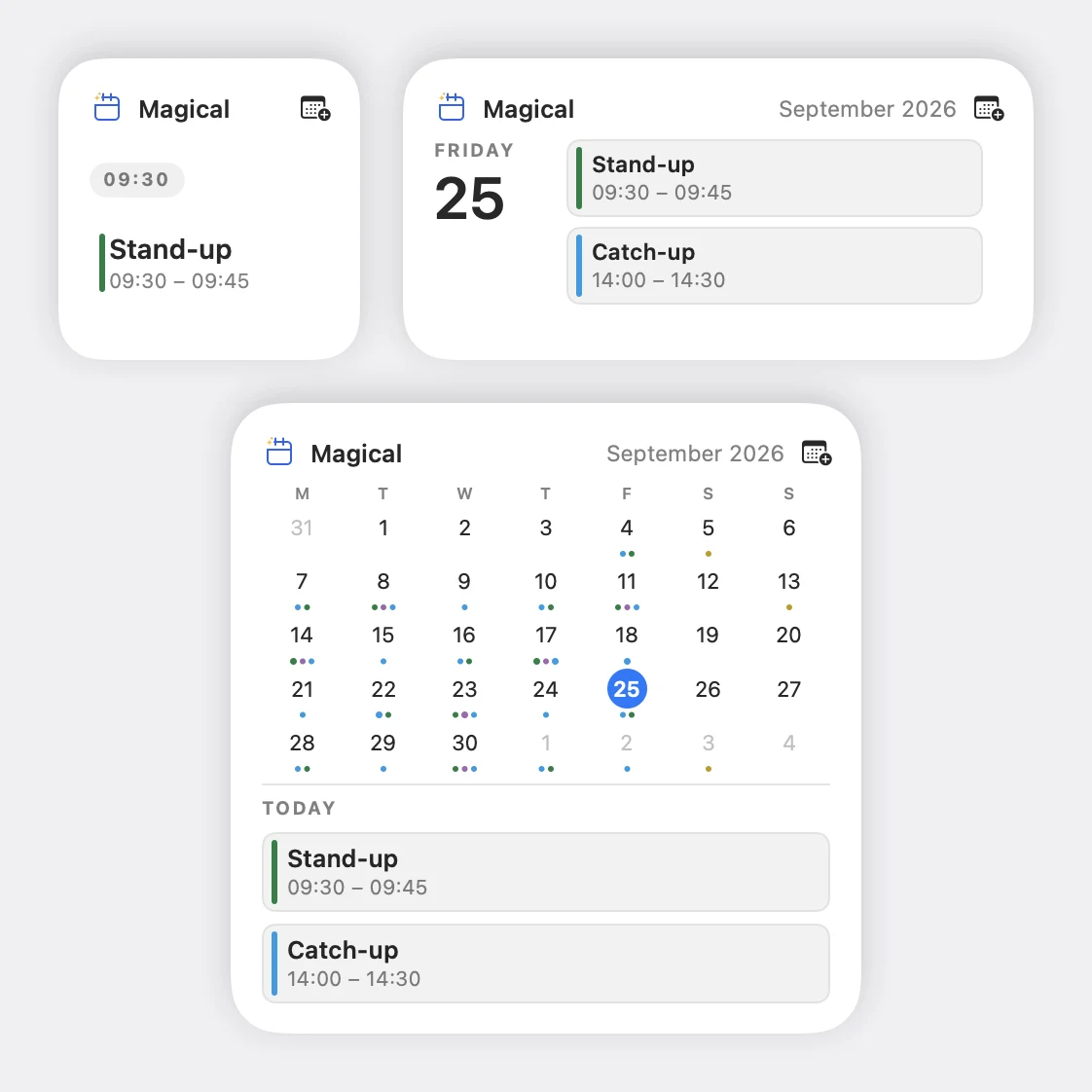Three Magical widgets on the desktop: a small Up next counting down to a meeting with a Join button, a medium Agenda listing the day, and a large Month showing the grid above today's events