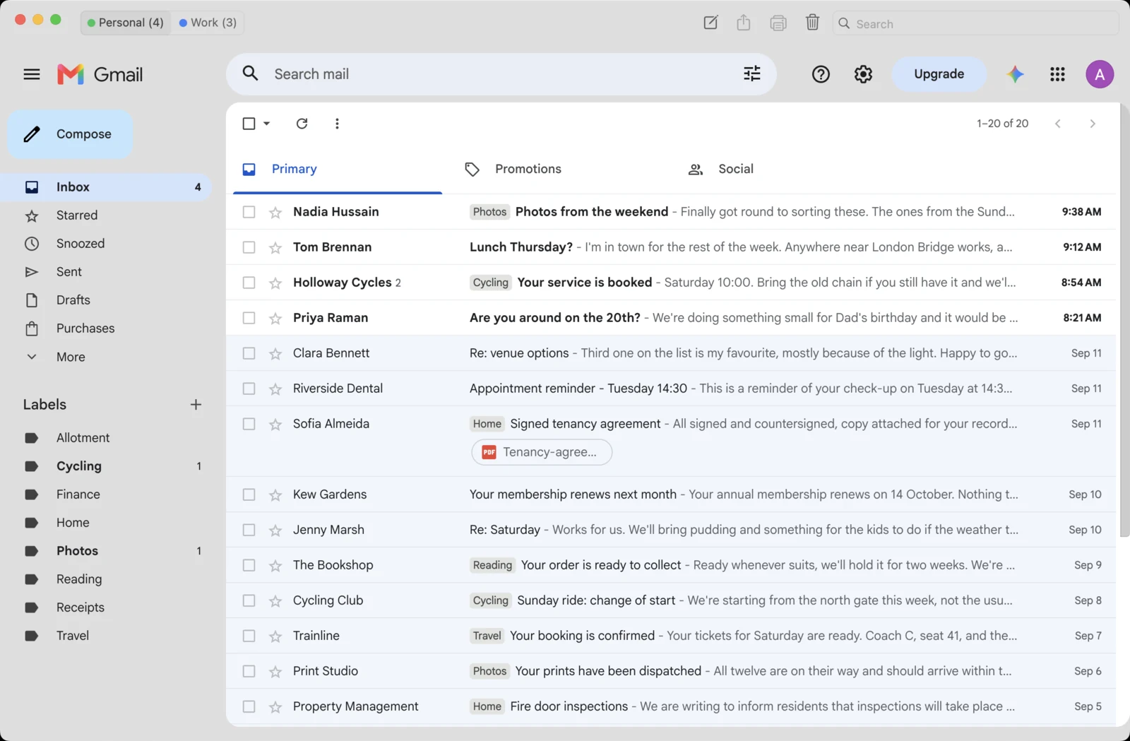 The Magimail window in light mode, with Personal and Work tabs in the toolbar, each with its own colour dot and unread count