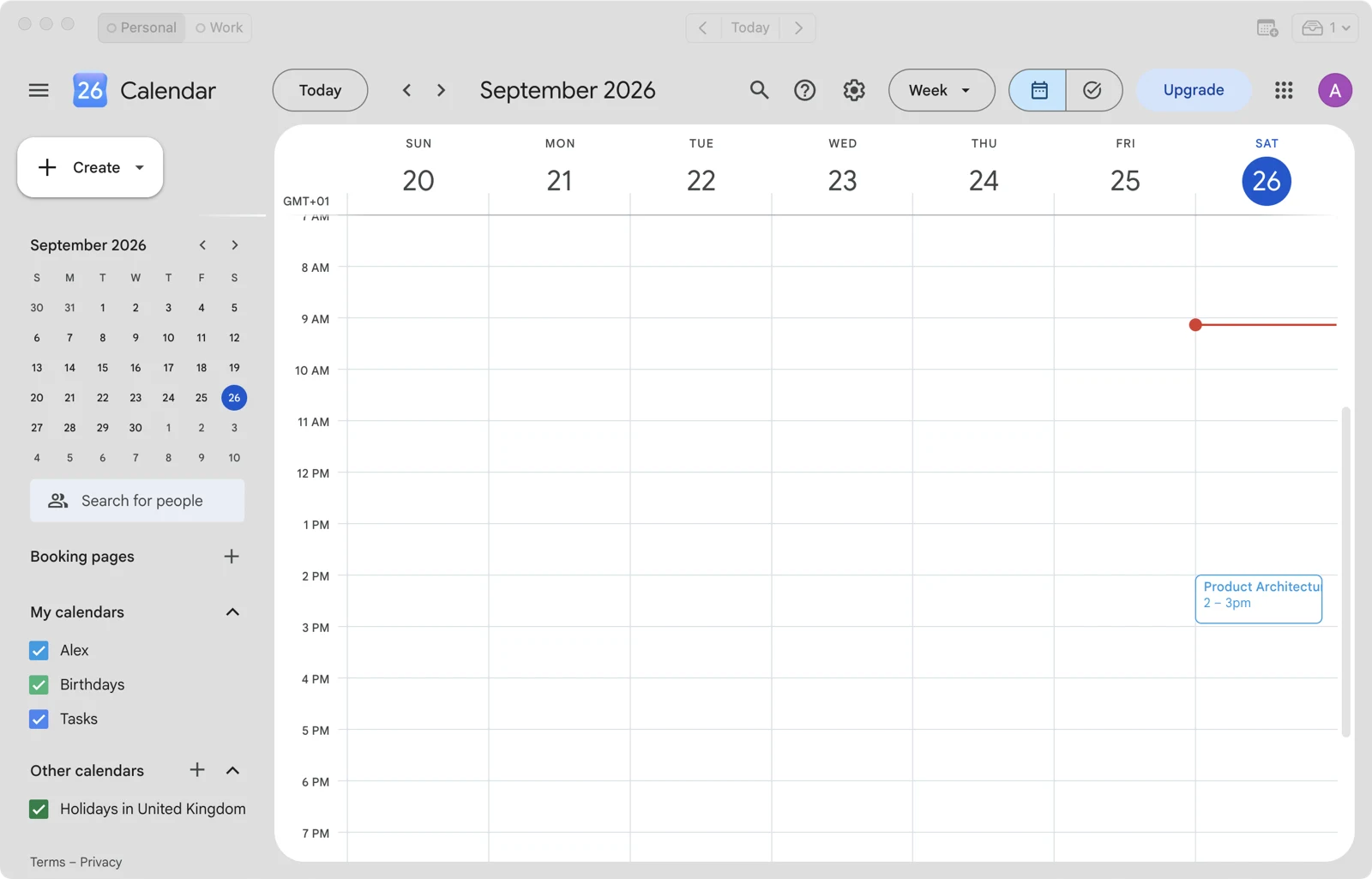 The Magical window in light mode, with Personal and Work tabs in the toolbar and a week calendar view below